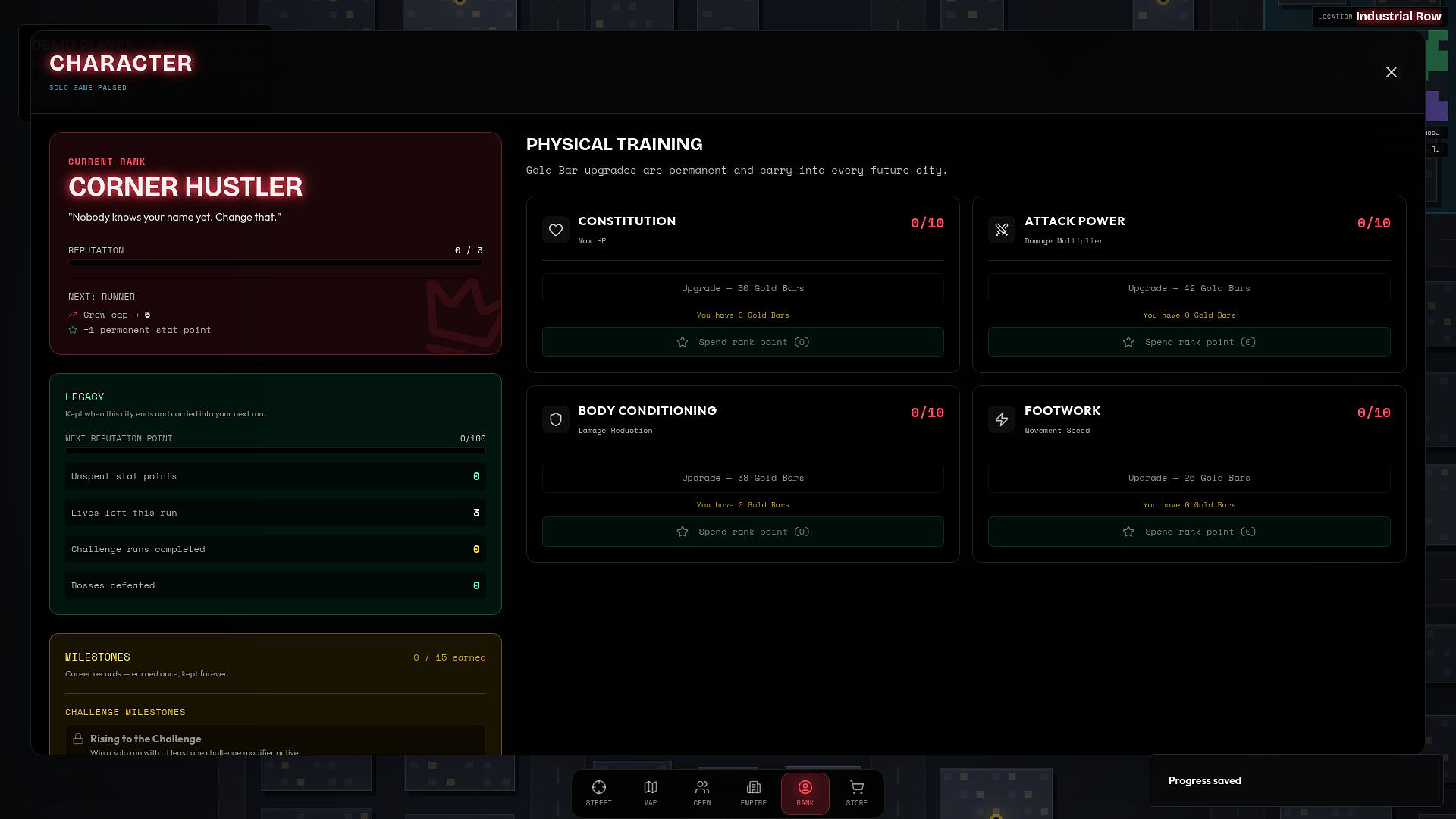 Character panel showing Rank progression, physical training stats, and loadout options