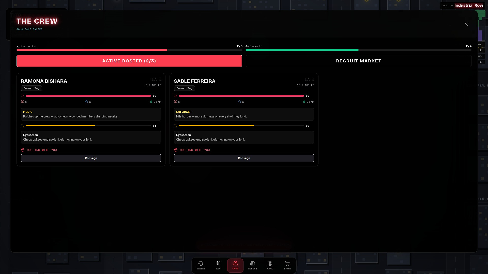 The live Crew panel showing two recruited crew members, their health, specialties, upkeep, and escort assignments