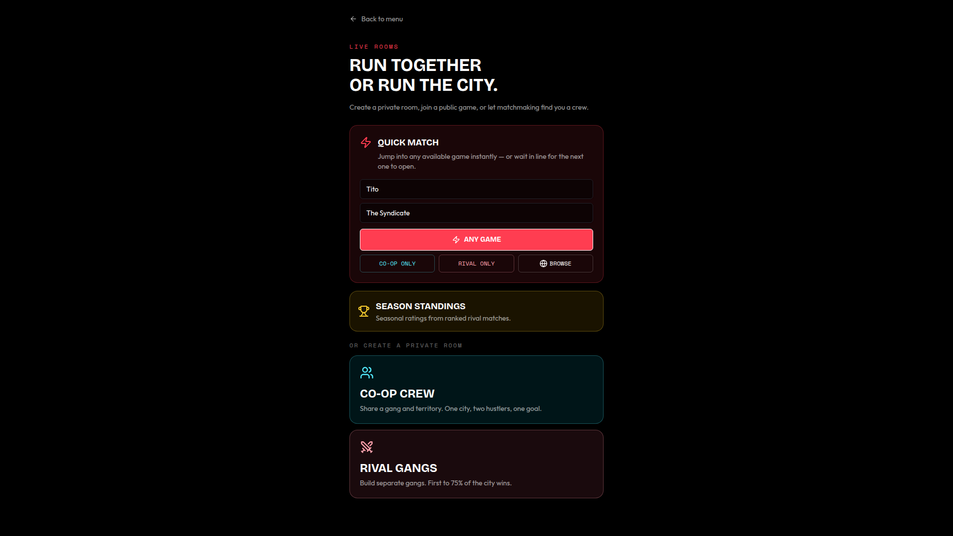 Live Rooms screen showing Quick Match, season standings, Co-op Crew, and Rival Gangs multiplayer choices
